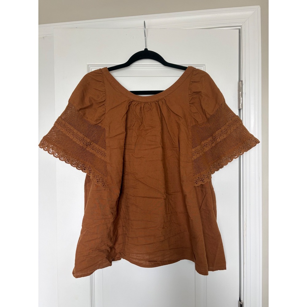 Old Navy Womens XL Rust Brown Cotton Crochet Lace Flutter Sleeve Boho Blouse Top - Picture 1 of 8